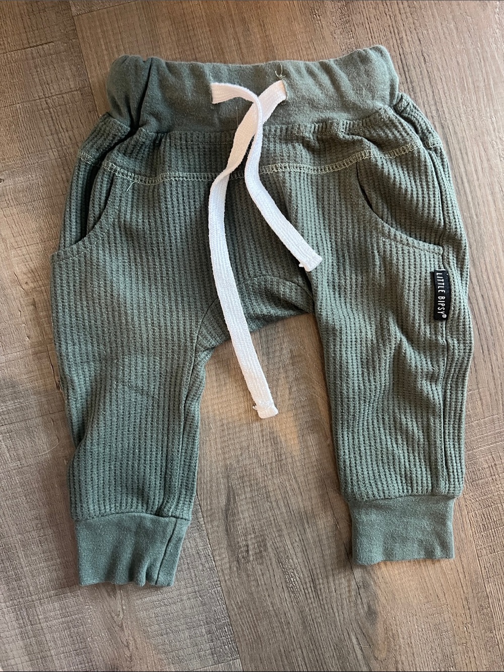 Little Bipsy Olive Waffle Knit Joggers with White Drawstring